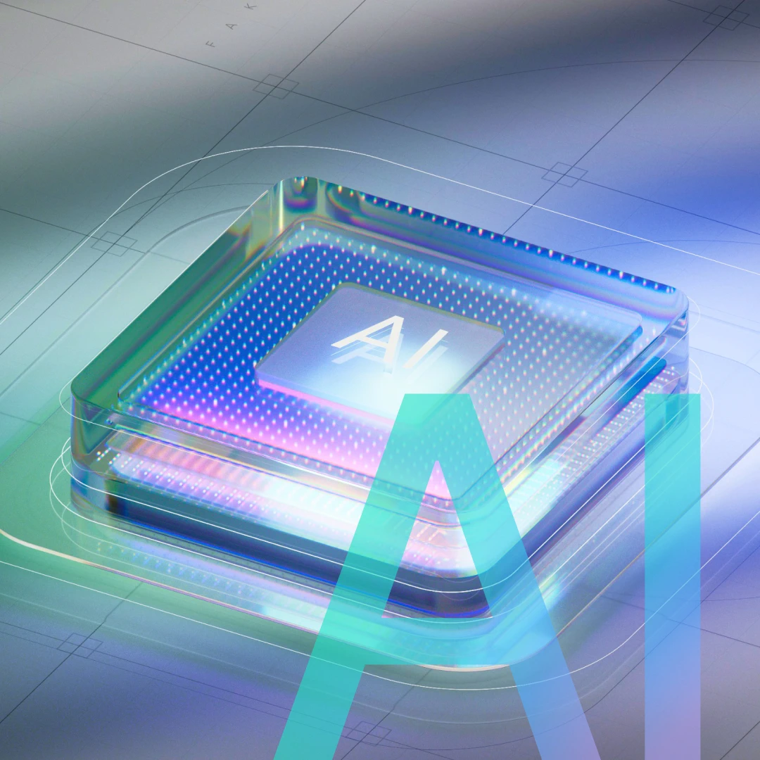 Abstract computer processor shimmering with various colors and marked "AI" in the center.