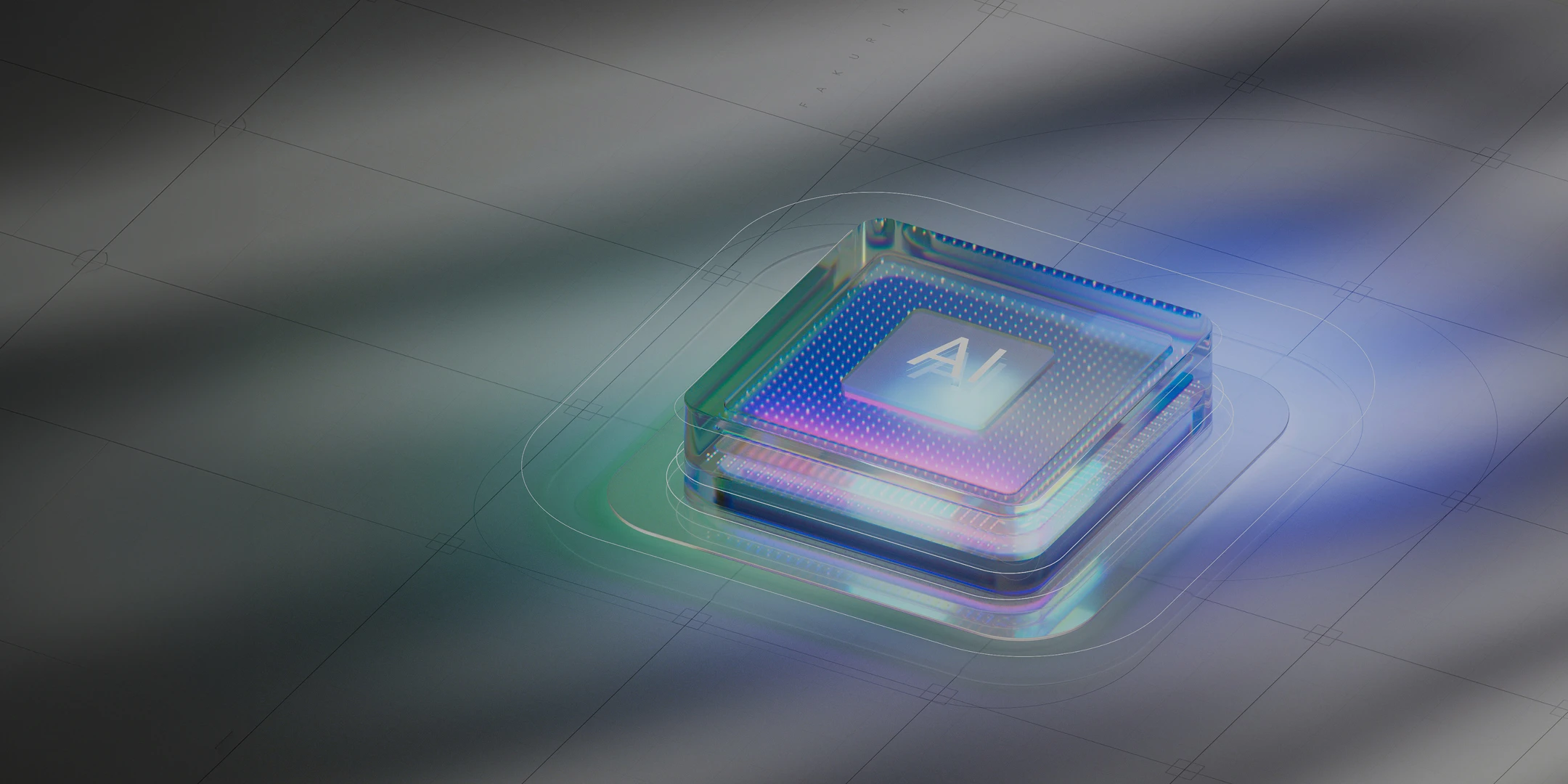 A futuristic layered AI chip featuring a semi-transparent design and glowing technological details