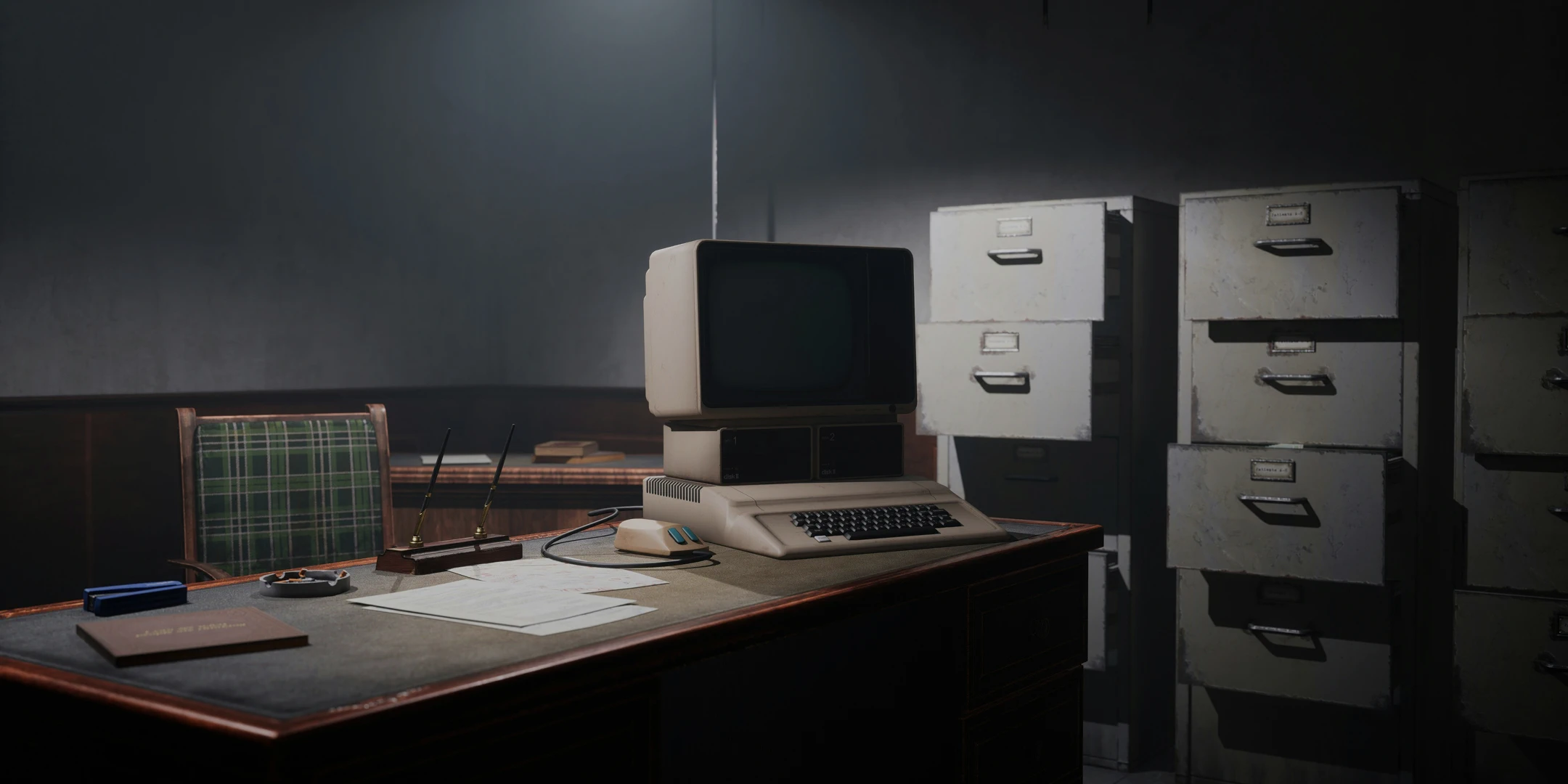 Vintage back office scene with old computer and filing cabinets.