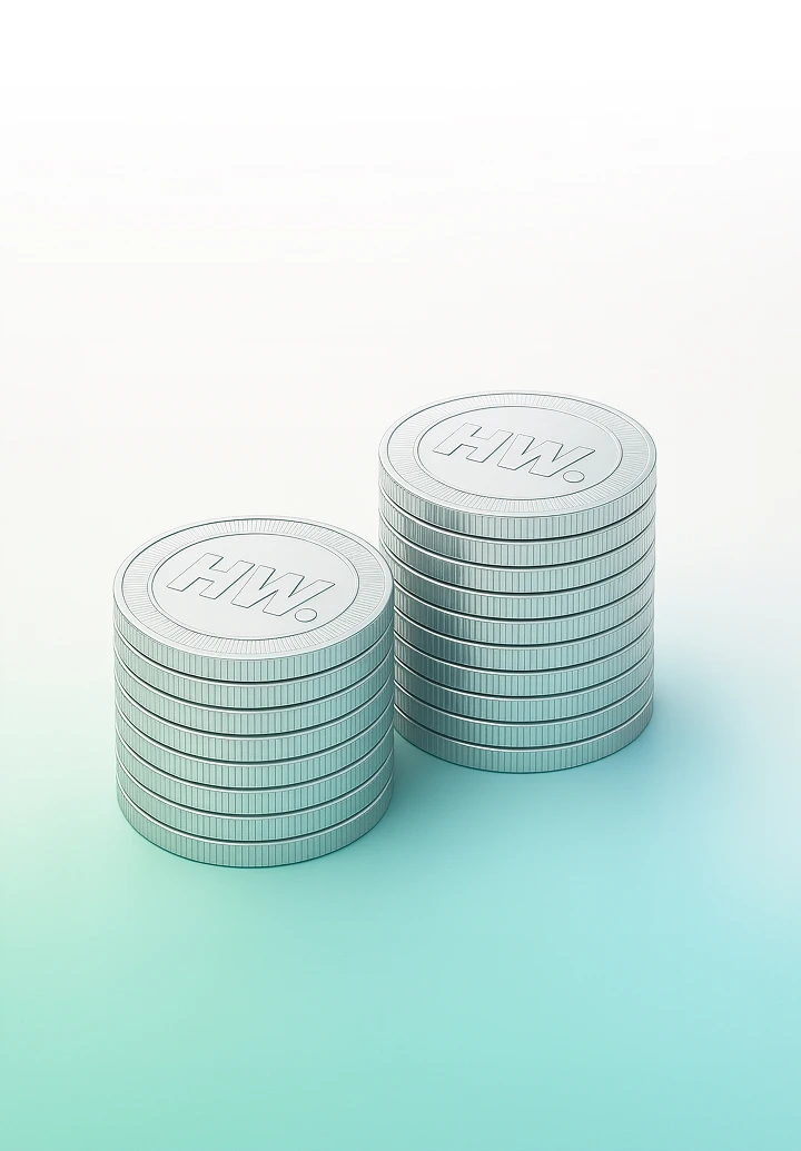 Two stacks of coins with the HW logo