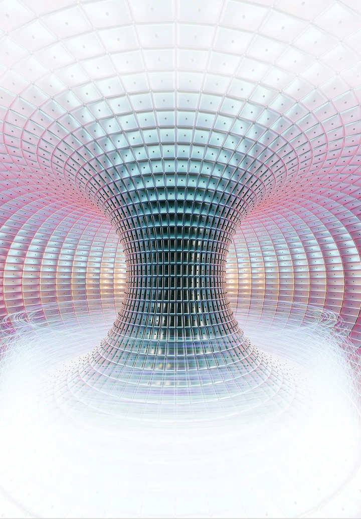 Abstract column surrounded by swirling white waves representing data streams.