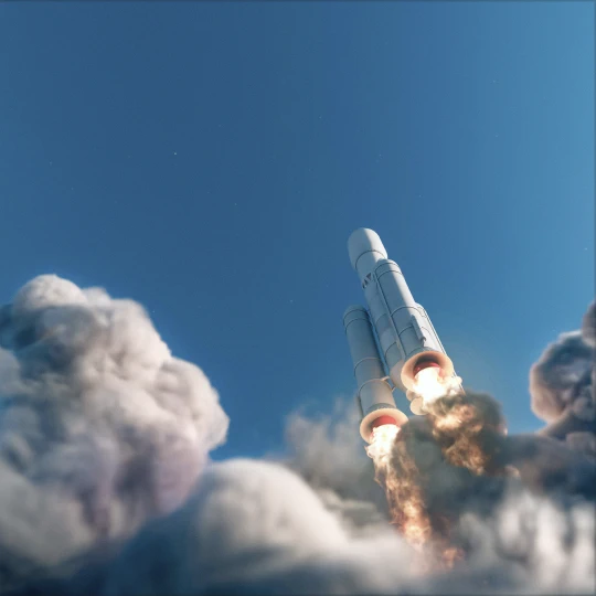 A rocket launching through clouds against a blue sky.