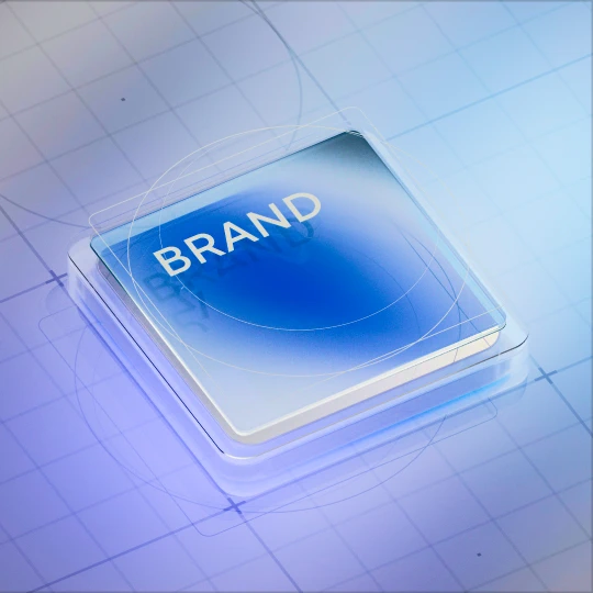 Futuristic brand button on a digital grid, symbolizing modern brand strategy or identity.