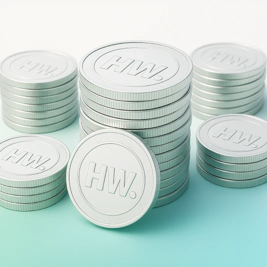 Several stacks of silver coins, each with the "HW" logo, on a blue and white gradient background.