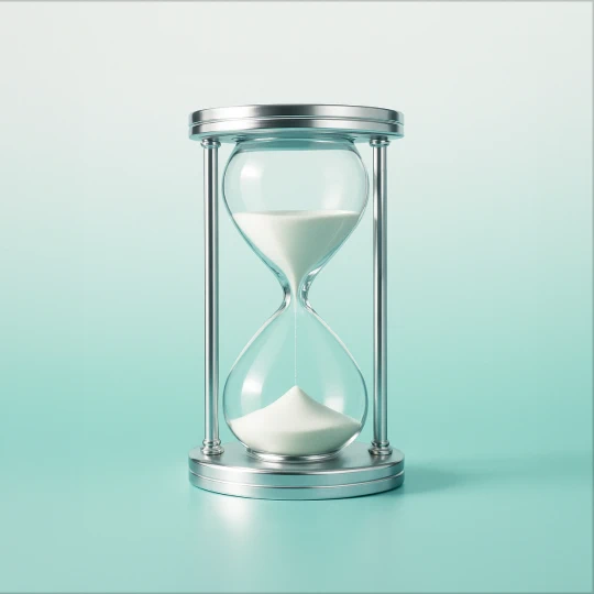 An hourglass with a silver frame and white sand, on a light blue-green background.