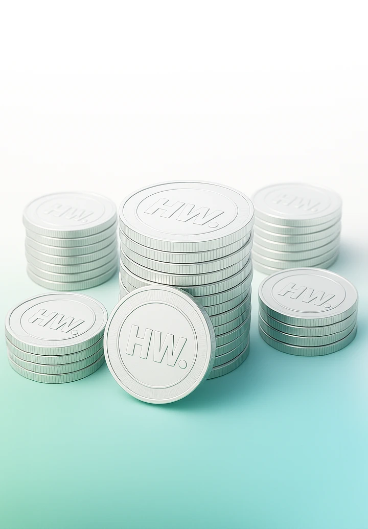 Several stacks of silver coins, each with the "HW" logo, on a blue and white gradient background.