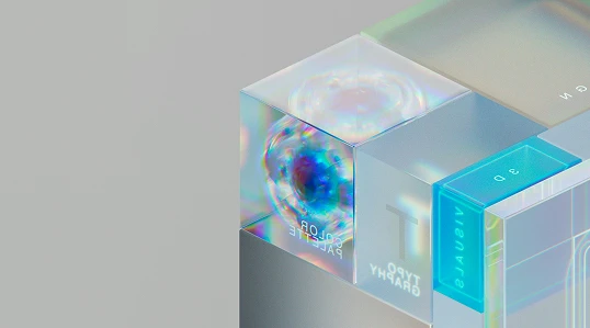 Collection of translucent 3D cubes with various elements inside.