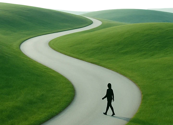 Person walking down a winding path through green hills