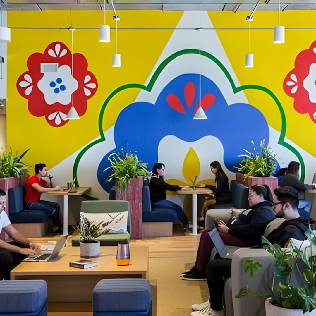 Collaborative office space with team members working and artistic wall mural