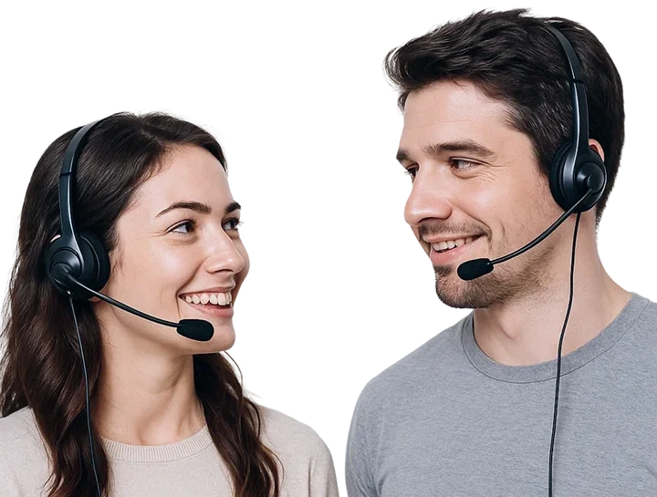 Smiling man and woman wearing headsets, ready to assist customers