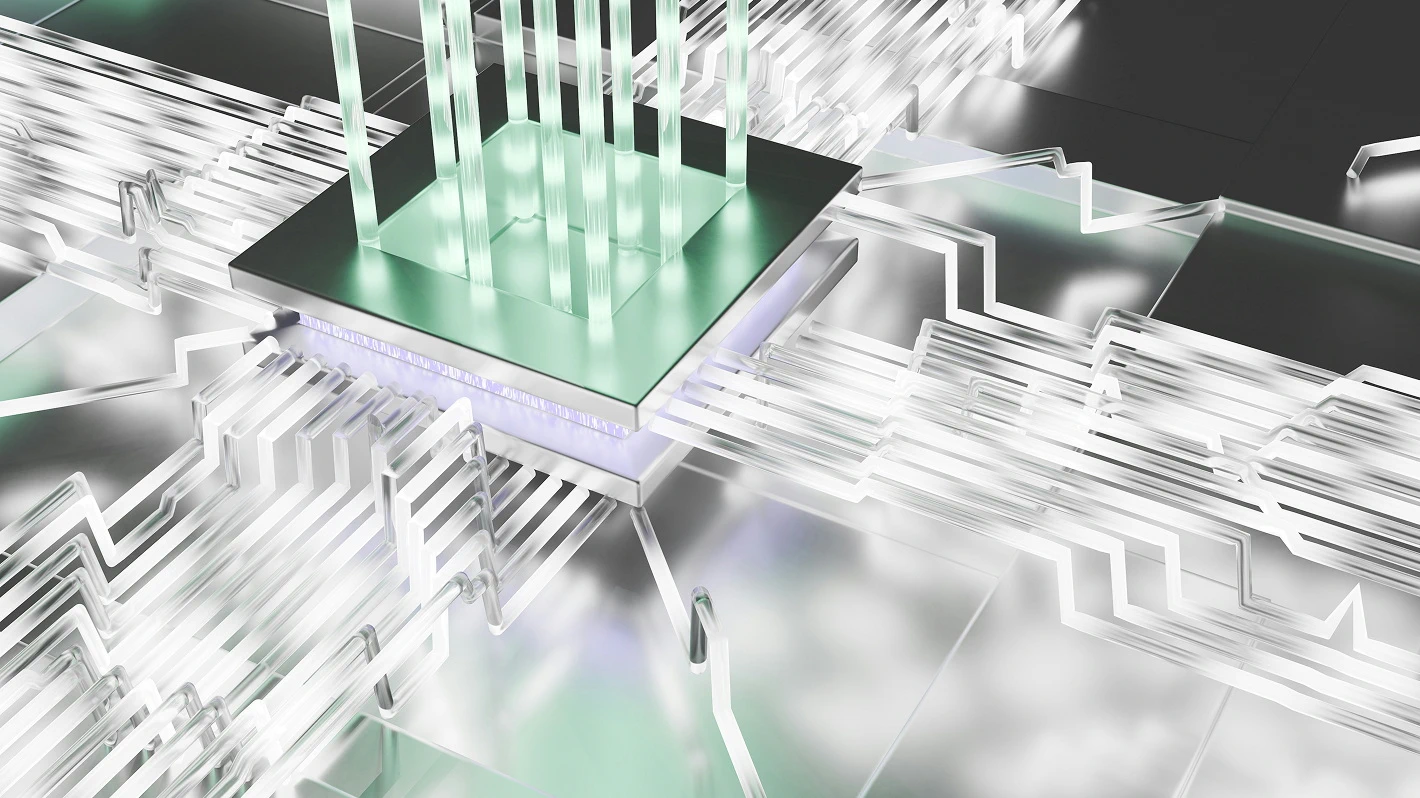 Abstract computer chip with glowing green tubes and translucent circuits