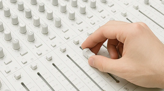 A hand moving a slider on a white audio mixing console