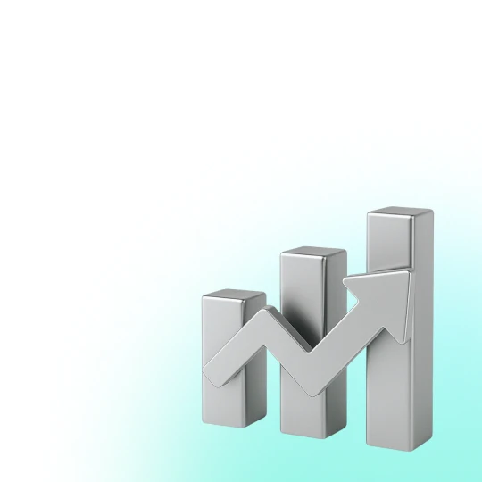 Gray bar graph with an upward arrow on a turquoise and white background.