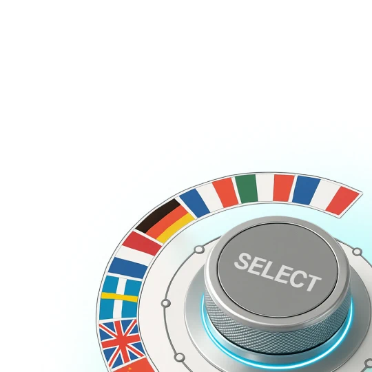 International language selection button with 'SELECT' label, illuminated with a blue outline and surrounded by country flags.