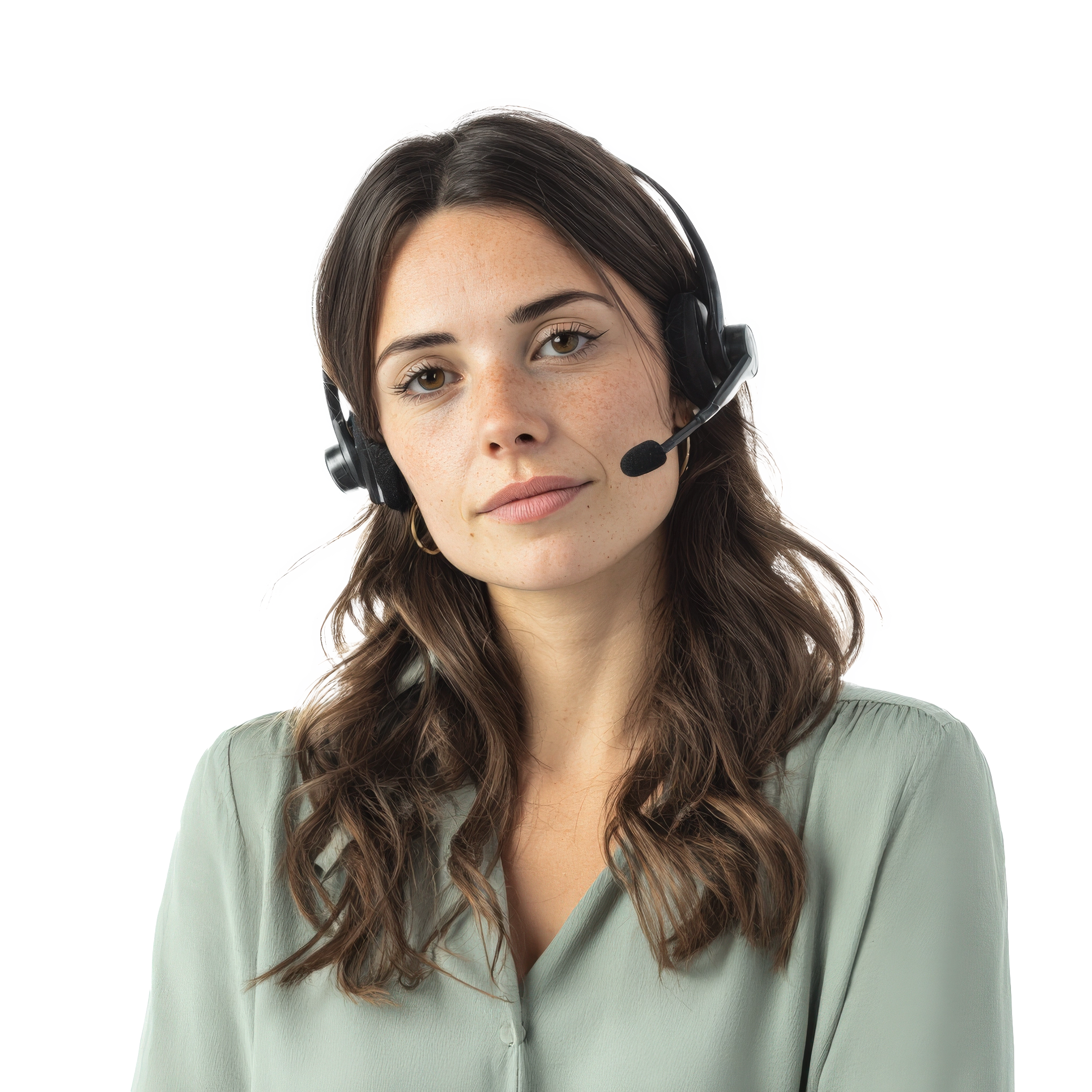 A woman with chestnut hair, wearing a light green button-down shirt and a headset, is ready to support customers.