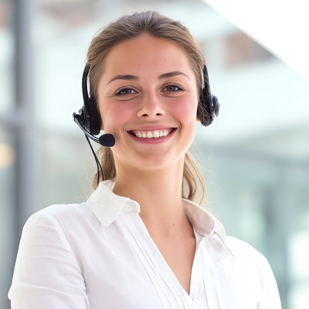 Friendly female customer support representative wearing a white shirt and headset