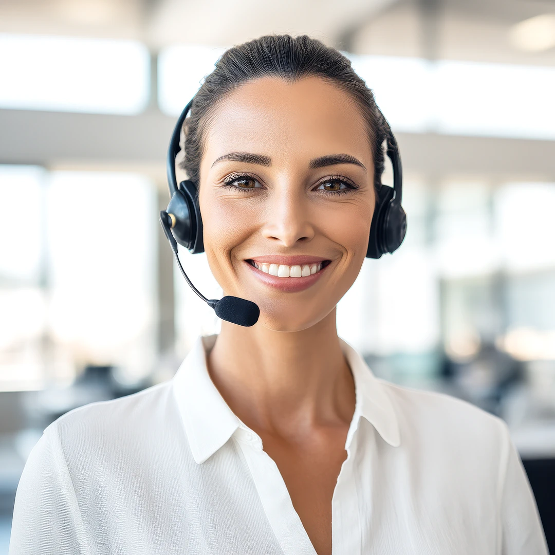 A smiling customer support woman with brown eyes and neatly styled dark hair, wearing a black headset with a microphone