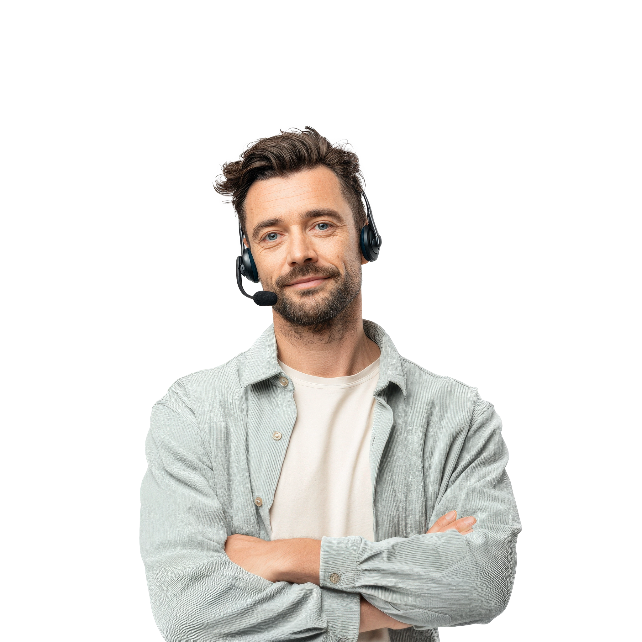A dedicated customer support representative, wearing a headset and a light gray shirt, standing with his arms crossed and smiling confidently