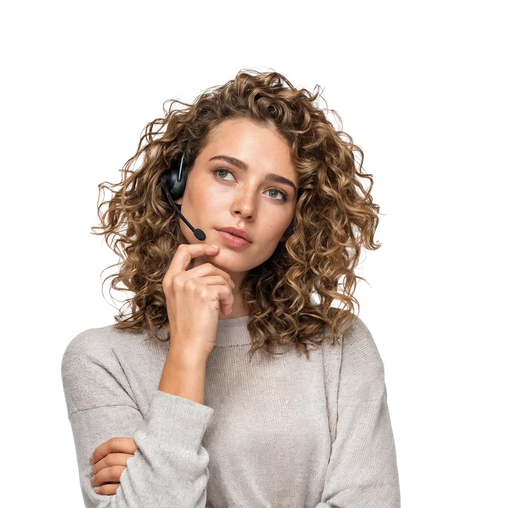 A friendly and focused female customer support representative with wavy brown hair, wearing a light beige sweater and headset