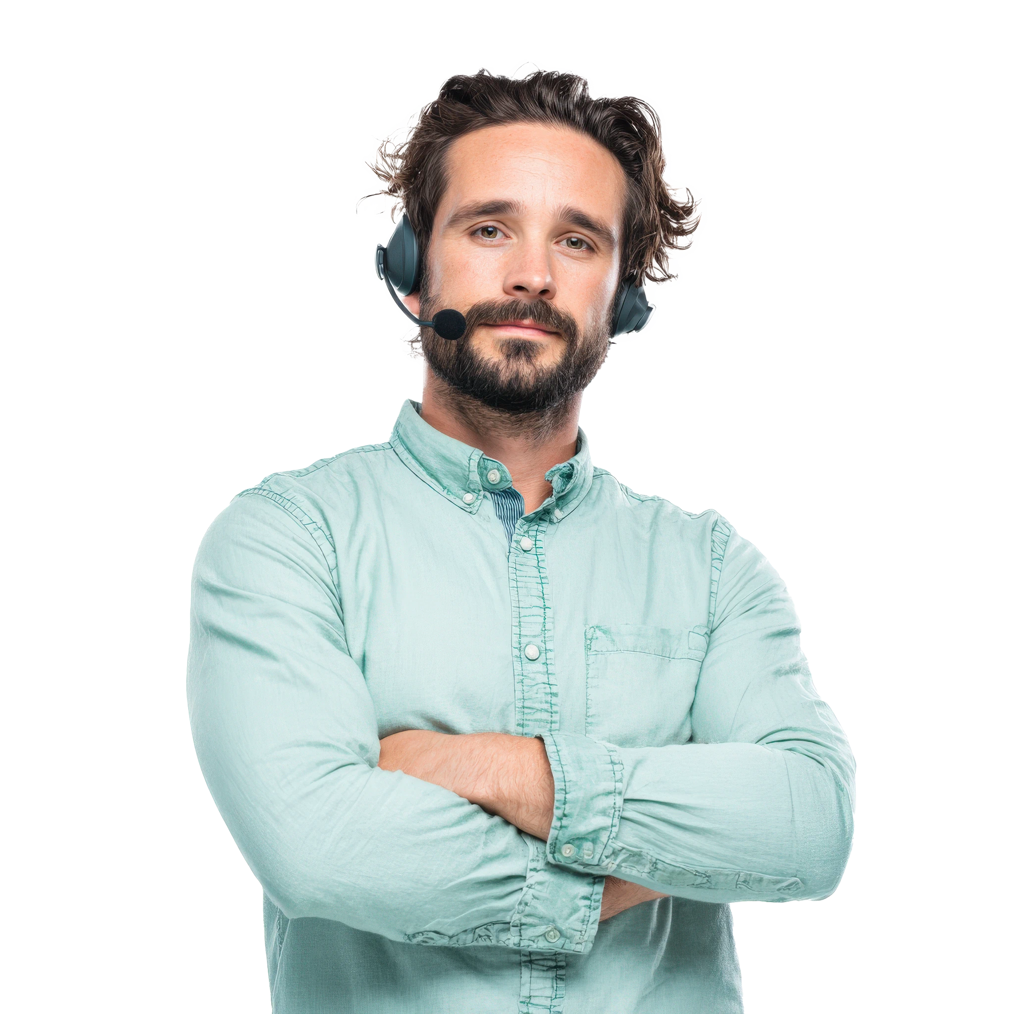 Ecommerce customer support representative with a beard and black hair, wearing a light blue shirt and a headset with a microphone