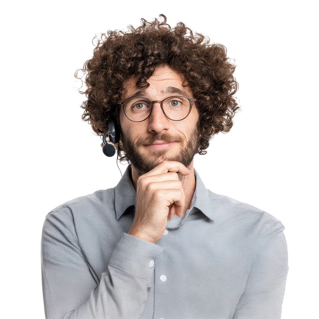 Smart-looking customer service representative with curly hair and glasses, wearing a headset with a microphone