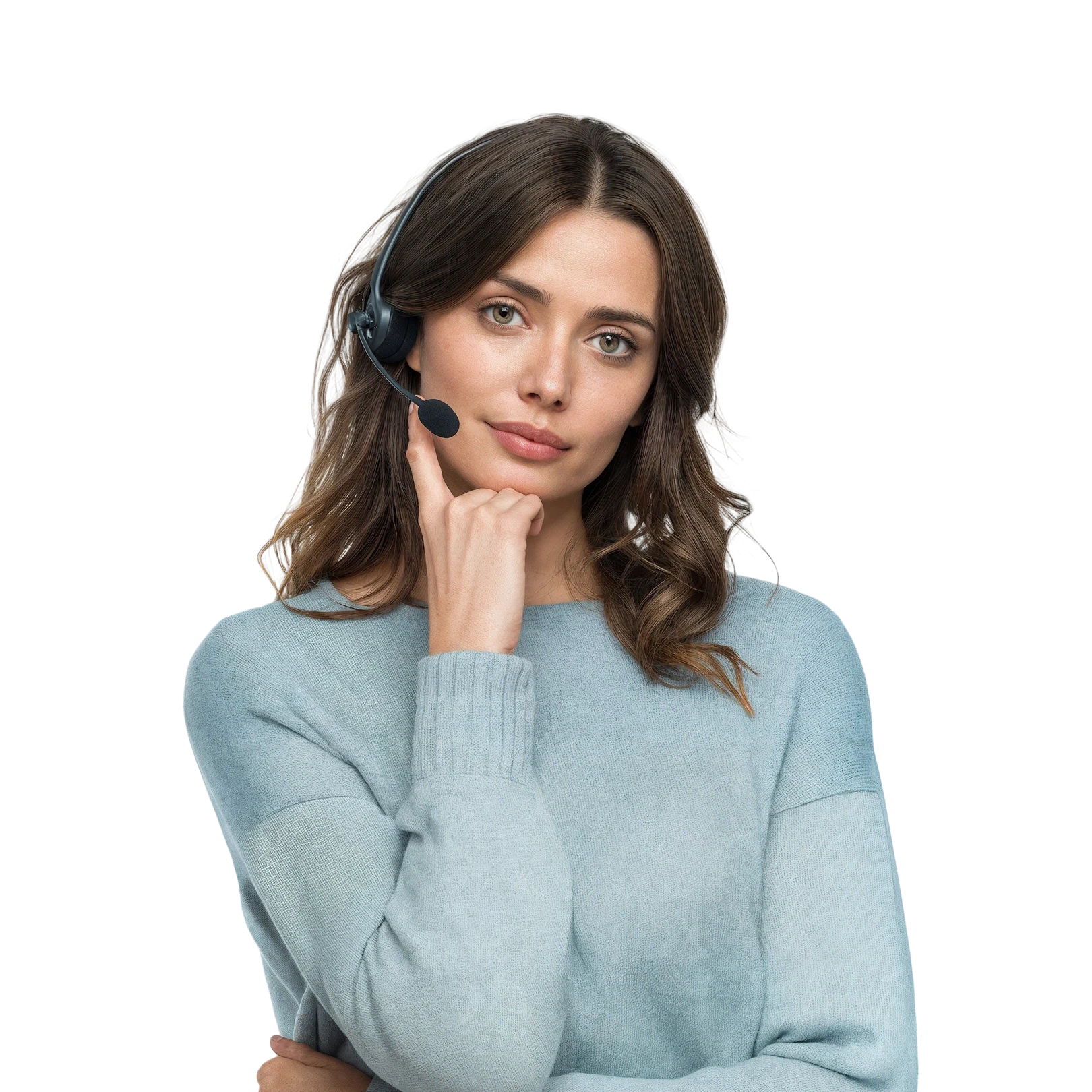 Thoughtful retail customer service representative with shoulder-length brown hair, wearing a light blue sweater and a headset with a microphone