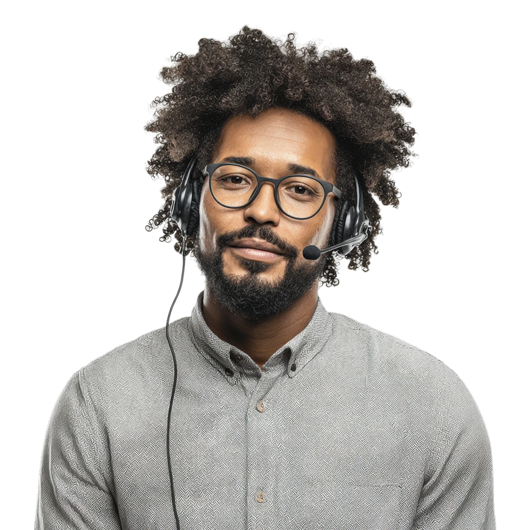 Friendly male customer support agent with curly hair, wearing a gray button-down shirt and a headset.