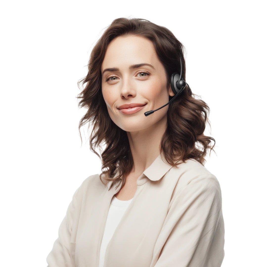 Friendly customer support agent with wavy brown hair and hazel eyes, wearing a black headset and a light beige shirt