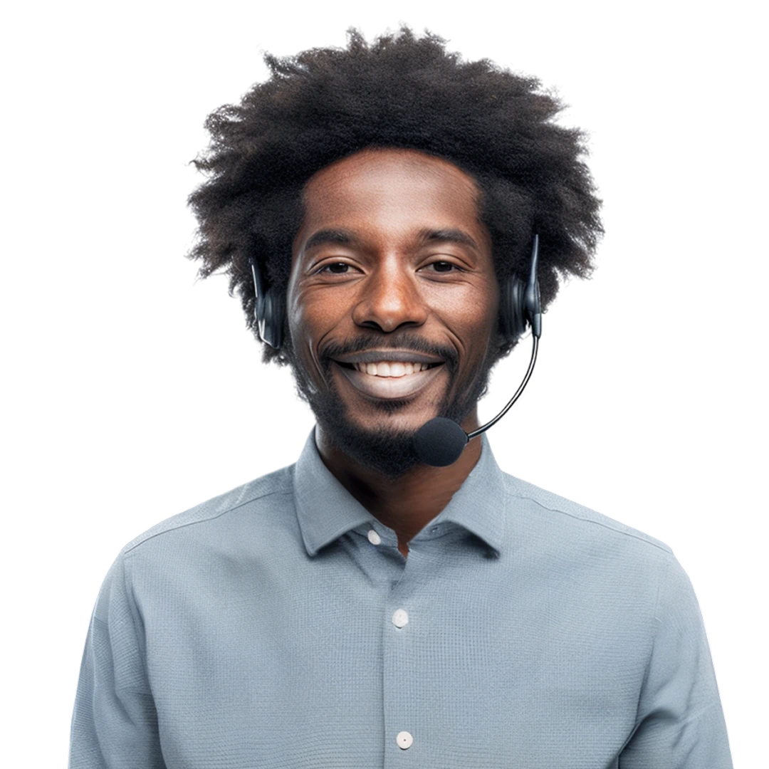 Smiling customer support agent with curly black hair wearing a headset and a light blue shirt