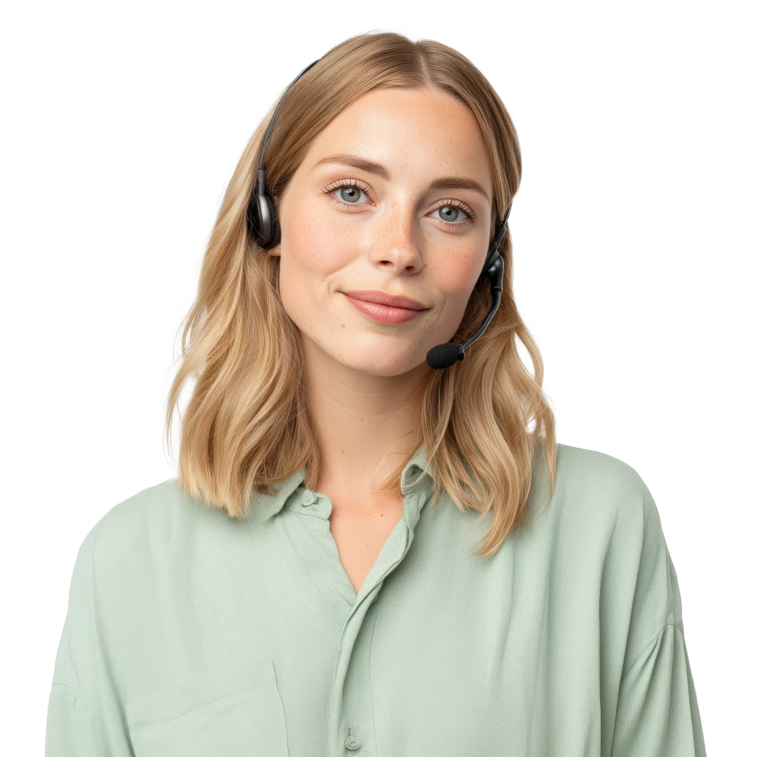 Friendly and professional female customer support agent with blonde hair and a kind smile wearing a headset and light green shirt