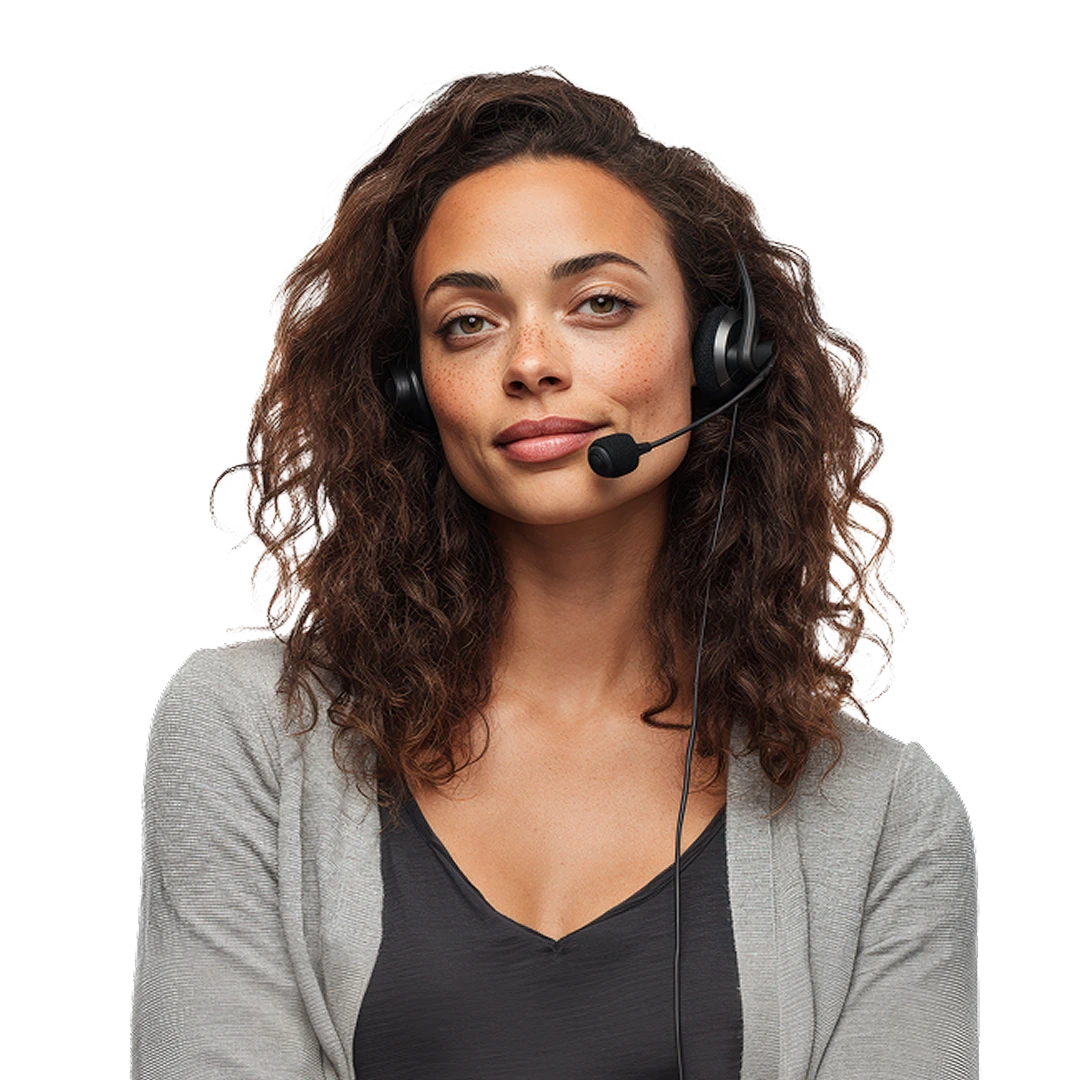 Friendly female customer support representative with brown curly hair and freckles, wearing a grey cardigan and a black top