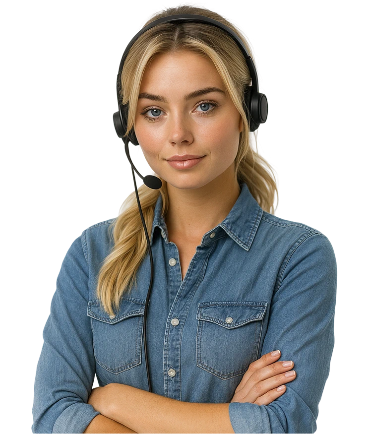 Friendly customer support representative with headset.