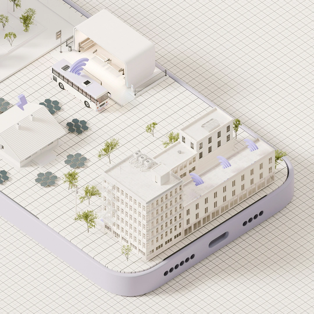 Illustration of a miniature city with buildings displayed on a smartphone screen