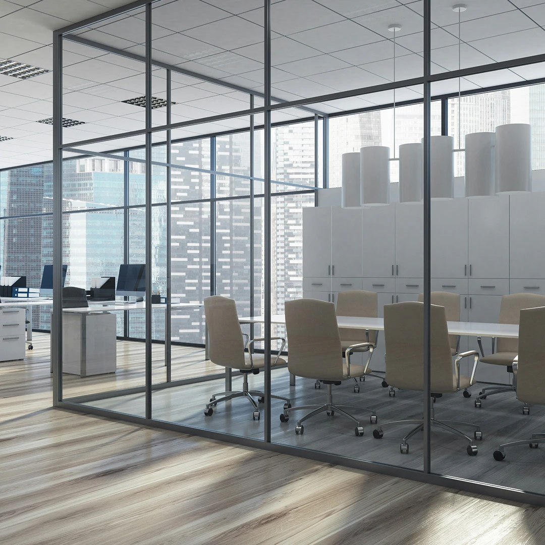 Glass-walled office conference room