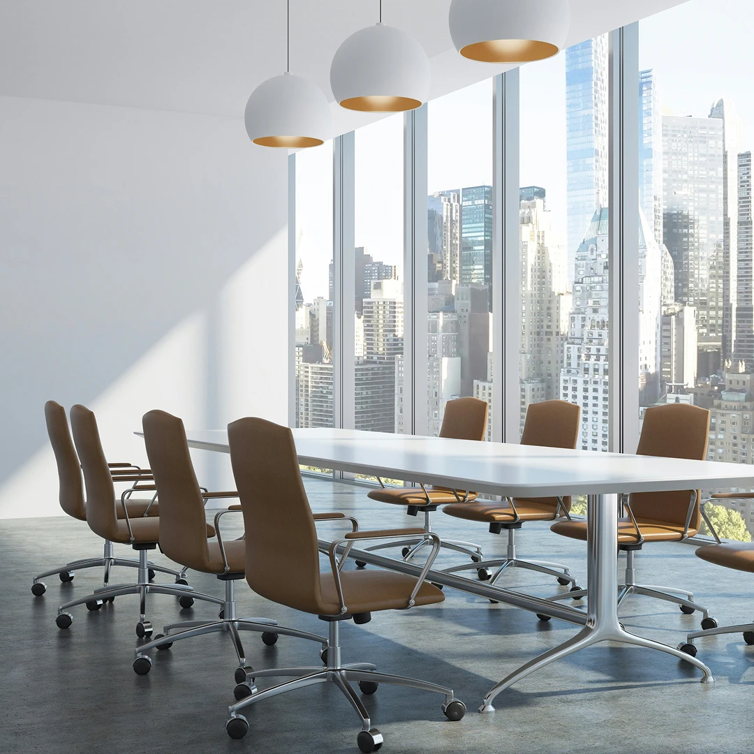 Contemporary conference space with panoramic city views and minimalist design
