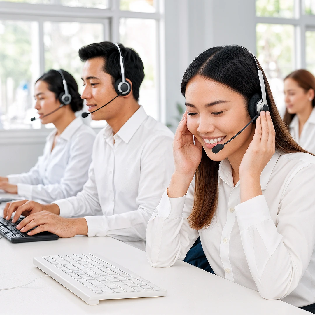 Call center agents in the Philippines are wearing headsets and working at computers in a large, modern office