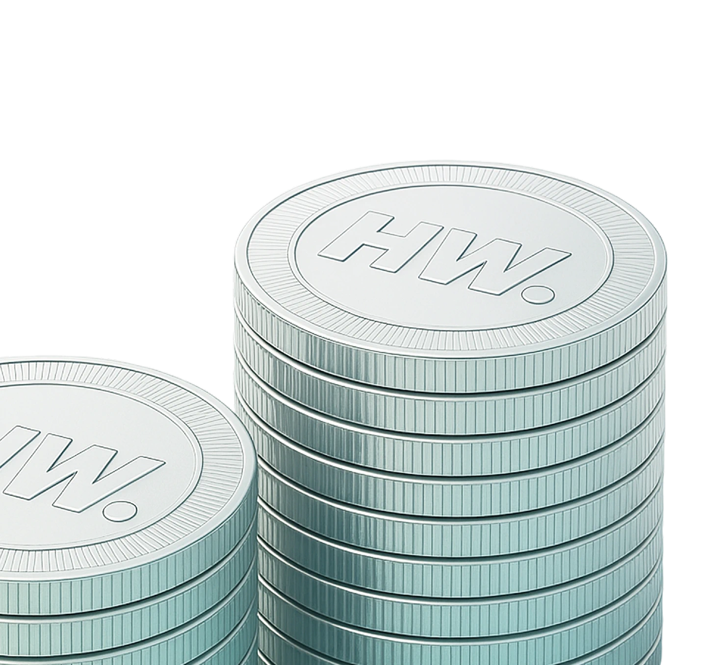 Two stacks of silver coins with the “HW” logo imprinted on them