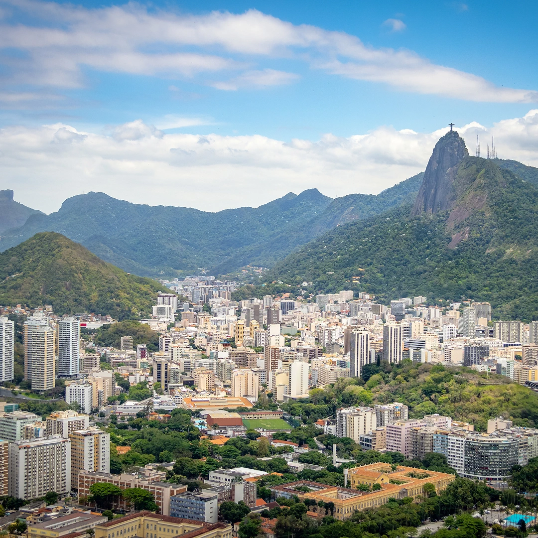 Skyline of Rio de Janeiro, Brazil, with mountains and the Christ the Redeemer statue visible
