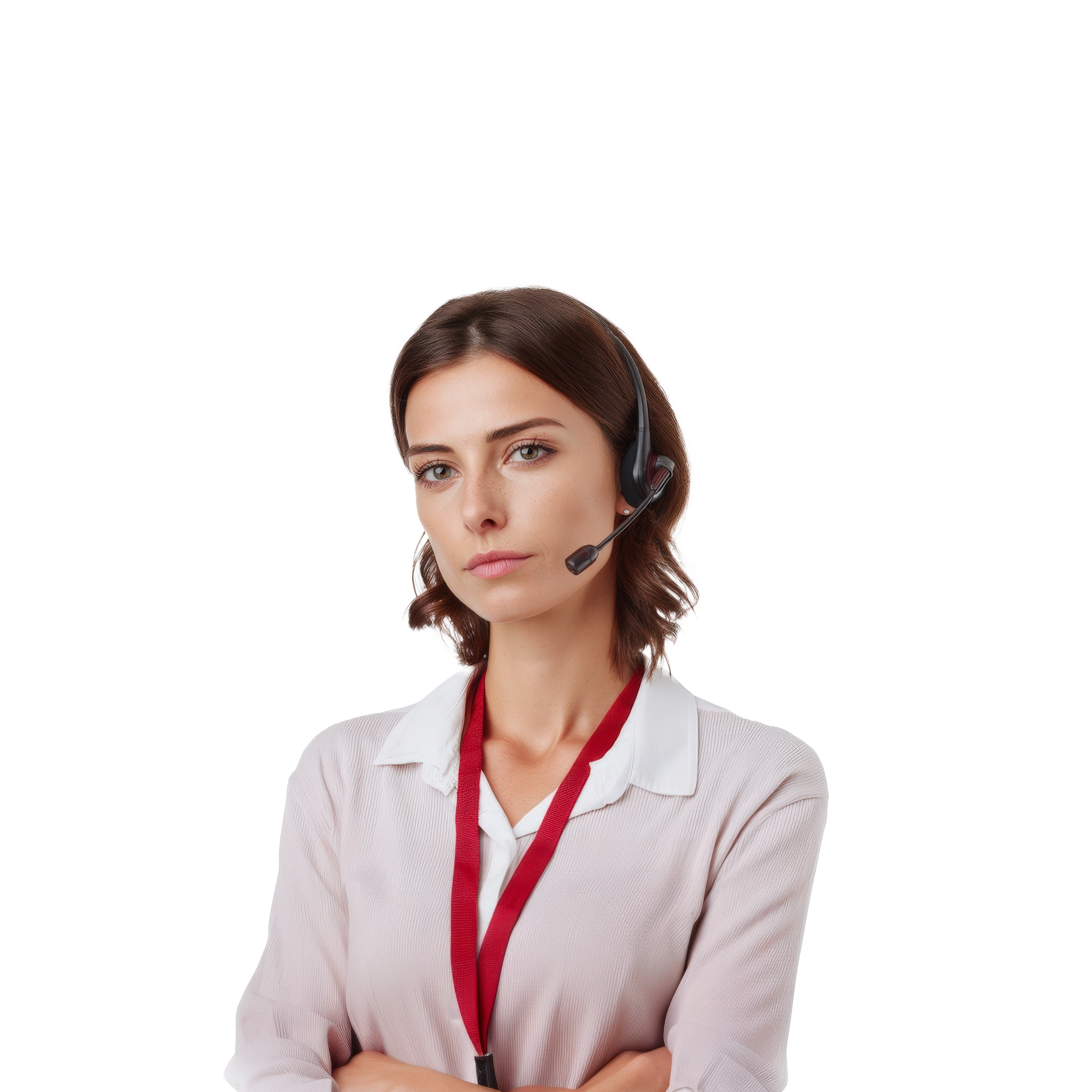 Female customer support agent in gray blouse with headset, based in Ukraine