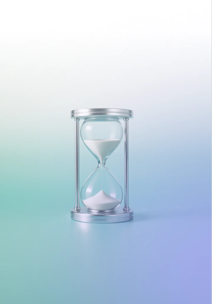 A silver-framed hourglass on a gradient background.
