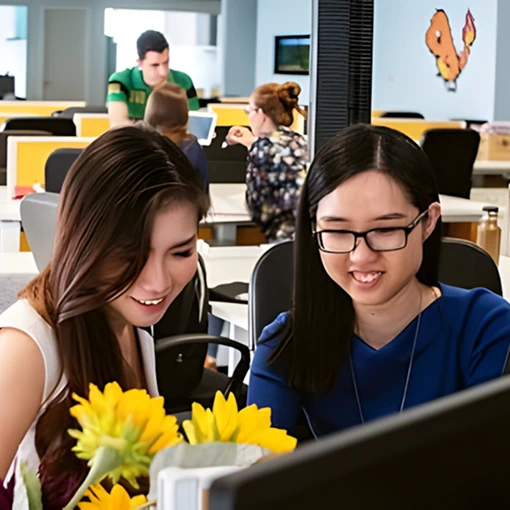 Colleagues working at a computer in a modern open office in the Philippines
