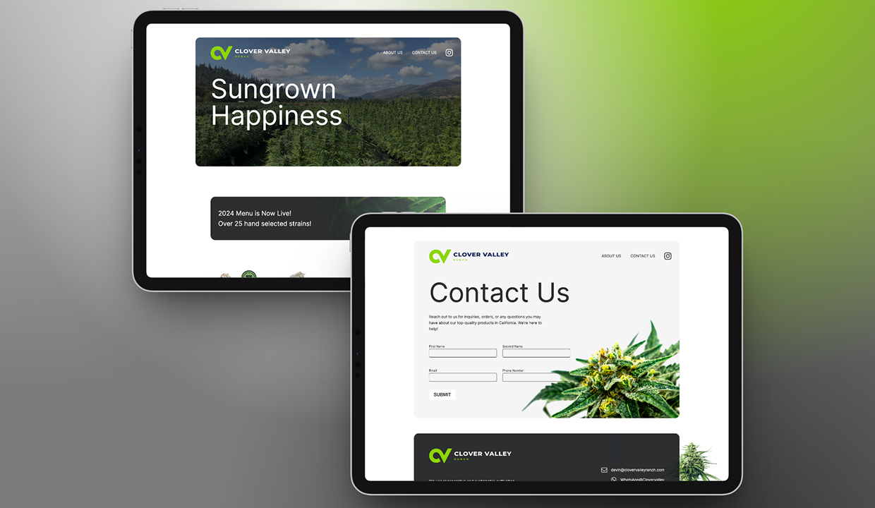 Two tablets display the home page and the Contact Us form of the Clover Valley Ranch website.