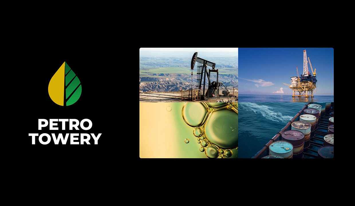 Petro Towery logo featuring an oil pumpjack on land and an offshore oil rig in the ocean.
