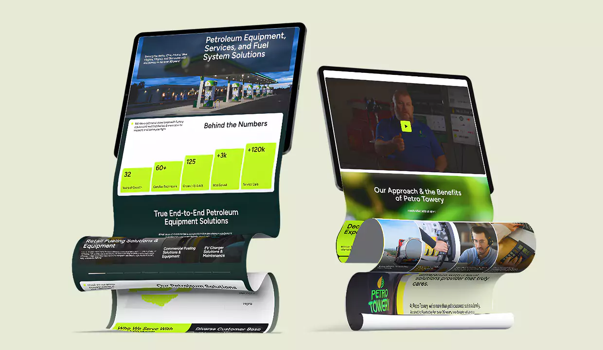 Two tablets showcasing various sections of the Petro Towery website.