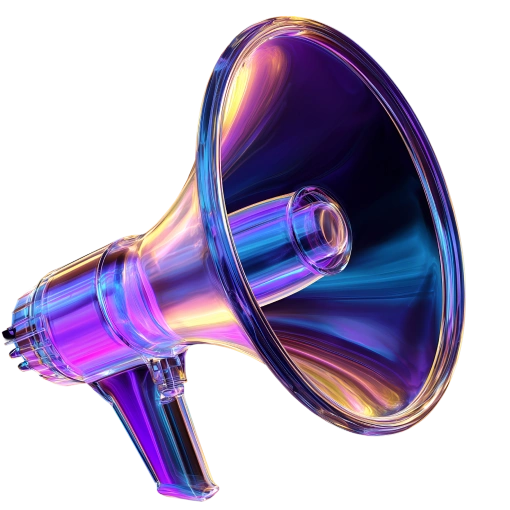 An abstract, translucent megaphone with vibrant gradients.
