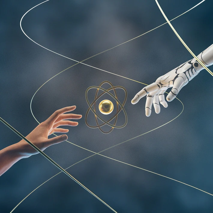 a robot arm and human arm trying to reach each other, atom in the middle