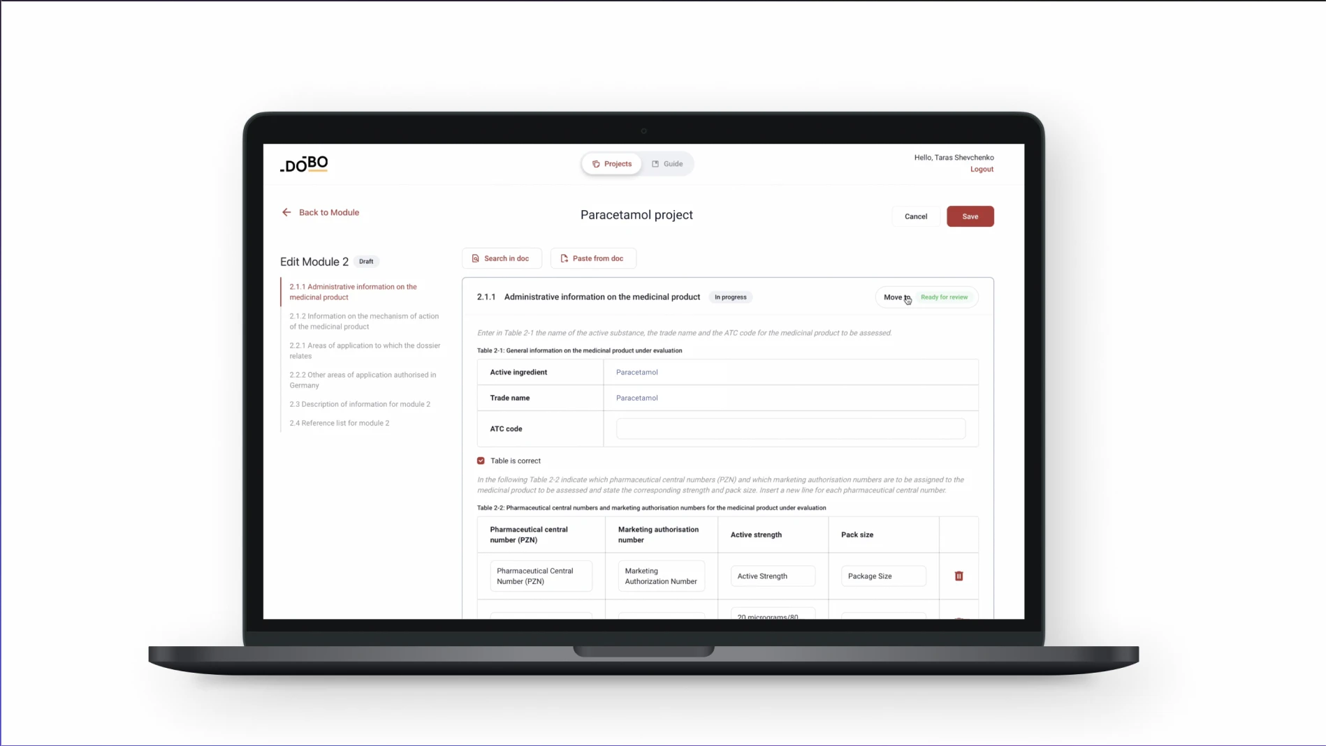 DoBo dossier summarization platform interface on a laptop