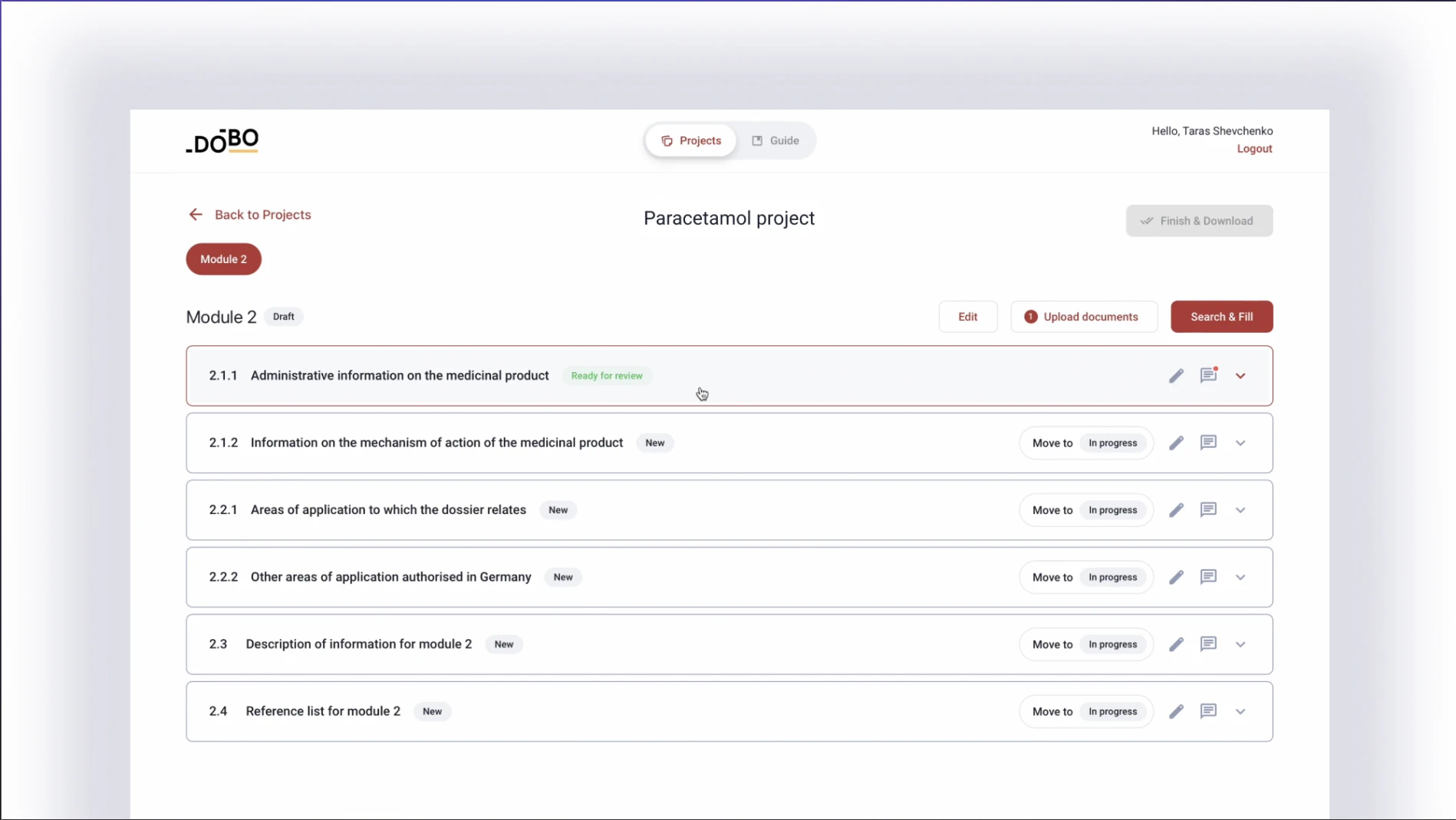 DoBo dossier summarization platform interface on a laptop Module 2
