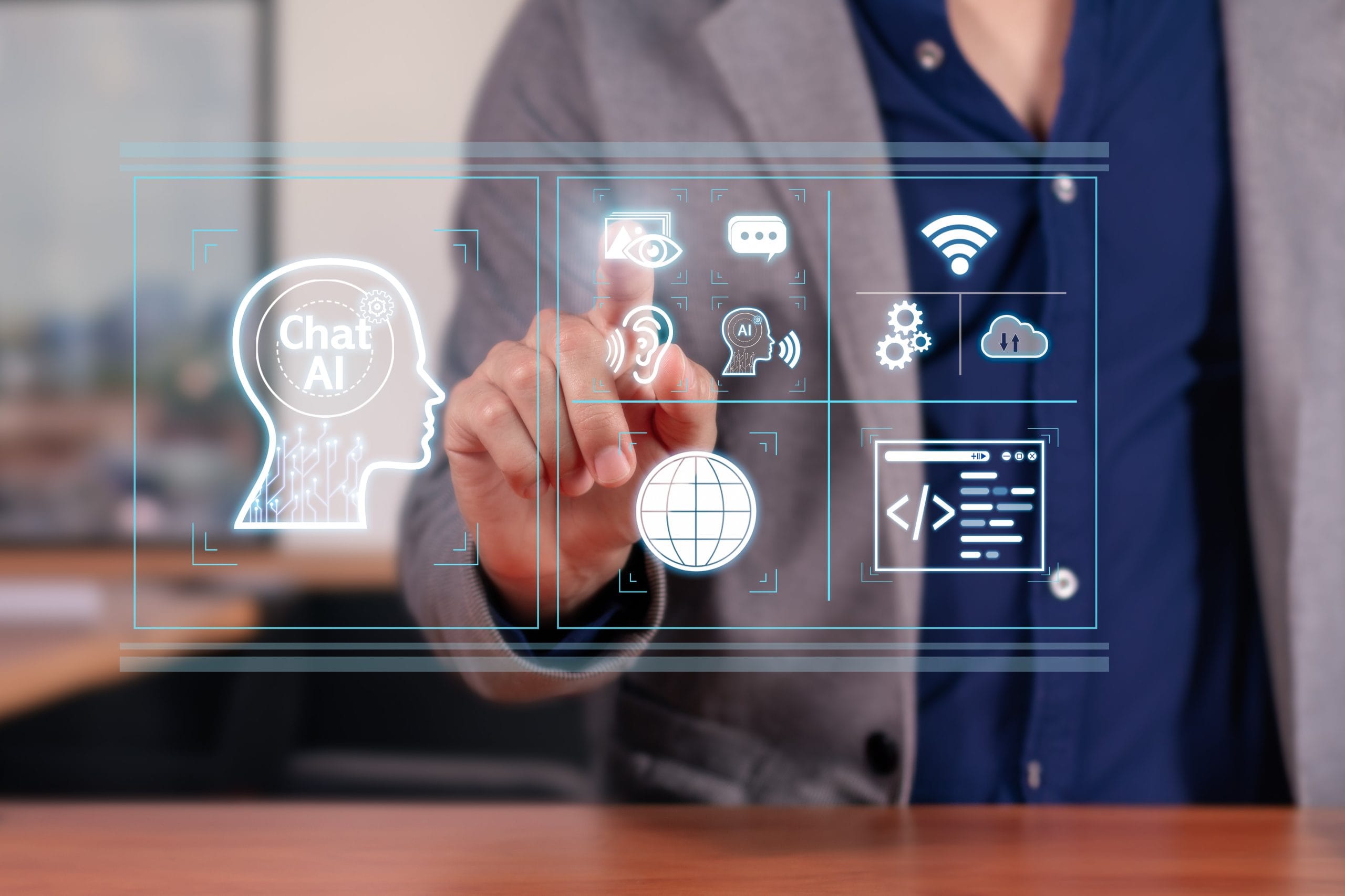 A hand interacts with a digital screen showing various AI related icons