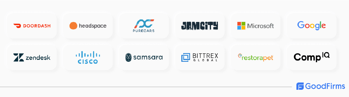 Grid of client logos, including DoorDash, Headspace, PureCars, Jam City, Microsoft, Google, Zendesk, Cisco, Samsara, Bittrex Global, RestoraPet, and CompIQ.